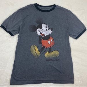 Disney Parks Mens Ringer Tee Small Mickey Mouse Short Sleeve Gray Vintage Look